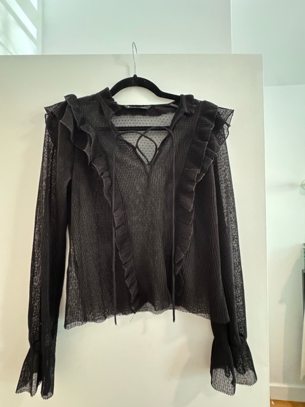 Mango Black Ruffle Sheer V‑Neck Blouse with Crisscross Detail